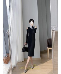 ニットワンピース | ワンピース 秋 秋服 レディース ニット ロングワンピース ロング 長袖 肩出し 秋冬 バイカラー 送料無料 セクシー お出かけ 暖か フェミニン デート