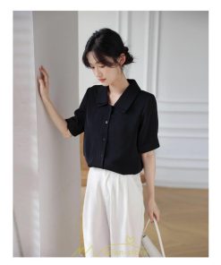 シャツ・ブラウス | トップス ブラウス 半袖 シャツ レディース オフィス フォーマル 白 黒 開襟 二重襟 バブルスリーブ 着痩せ フランス風 仕事服 クラシック 無地 通勤 大人 上品