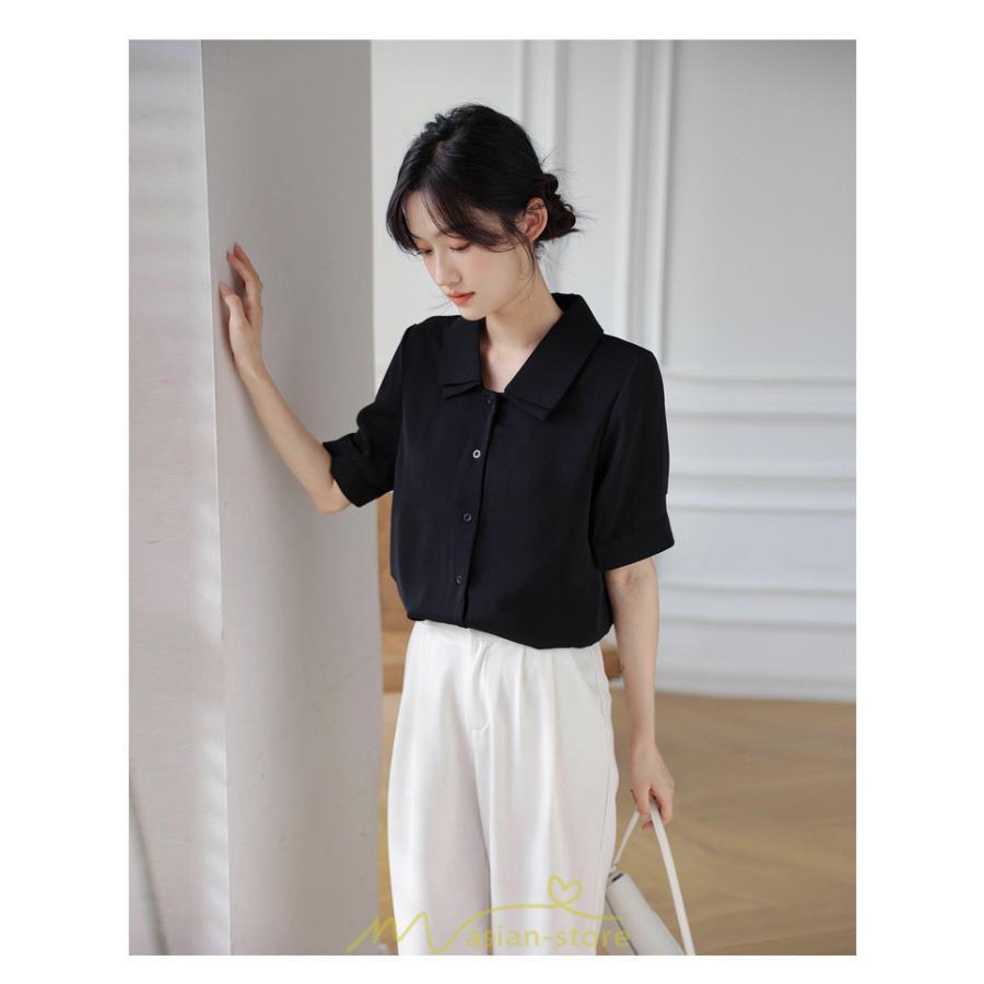シャツ・ブラウス | トップス ブラウス 半袖 シャツ レディース オフィス フォーマル 白 黒 開襟 二重襟 バブルスリーブ 着痩せ フランス風 仕事服 クラシック 無地 通勤 大人 上品
