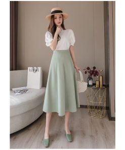 スカート | ミモレフレアAライン無地 エレガント 大きいサイズ 裾広い ハイウエスト 着痩せ 裏地付き 後ろファスナー レディース 通学通勤 体型カバー