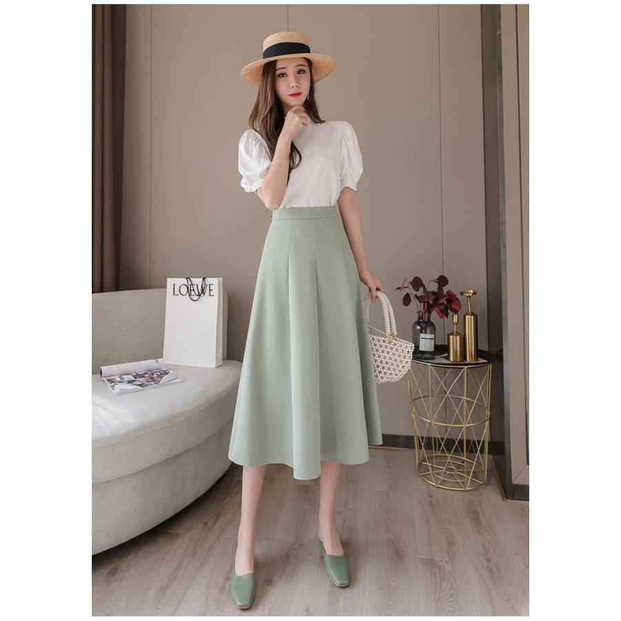 スカート | ミモレフレアAライン無地 エレガント 大きいサイズ 裾広い ハイウエスト 着痩せ 裏地付き 後ろファスナー レディース 通学通勤 体型カバー