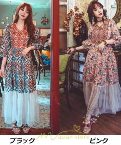 マキシ | 夏秋ワンピース チュール レディース マキシワンピース ロングワンピース パーティー 二次会 痩せて見える 七分袖 Vネック ピンク ハイウエスト 鎖骨 黒