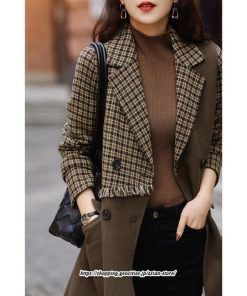 コート・ジャケット | テーラードジャケット レディース コート アウター 長袖 ミディアム丈 羽織り 春 秋 冬 切り替え チェック柄 カジュアル ダブルブレスト 着痩せ ラシャ 韓国風