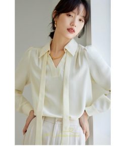 シャツ・ブラウス | ブラウス レディース シャツ トップス Vネック 長袖シャツ 無地 オフィス カジュアル おしゃれ シフォン 着痩せ OL リボン 通勤 20代30代40代50代