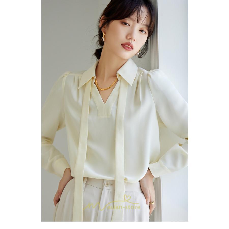 シャツ・ブラウス | ブラウス レディース シャツ トップス Vネック 長袖シャツ 無地 オフィス カジュアル おしゃれ シフォン 着痩せ OL リボン 通勤 20代30代40代50代