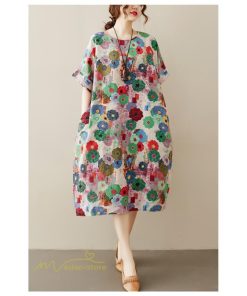 ミディアム | ミディアムワンピース レディース 膝丈 ゆるワンピース 花柄 きれいめ フリーサイズ ゆったり 半袖 麻 綿 リネン 女性着 きれいめ コットン クルーネック 着回し