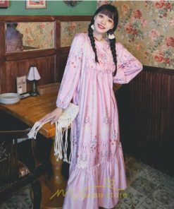 マキシ | ロングワンピース レディース  夏 秋 リゾート ルームワンピース 長袖 ゆったり ロング丈 旅行用 バブルスリーブ かわいい 後ボタン付き レトロ風 丸首