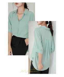 シャツ・ブラウス | レディース シャツ ブラウス 夏コーデ 上品 Vネック 華奢見え 着痩せ オフィス 七分袖 白 ライトグリーン 無地 ビジネス リクルート 日常 おしゃれ 事務服