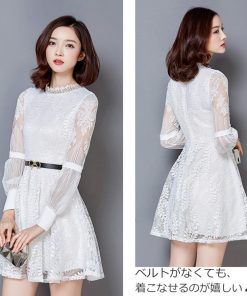 ワンピース | 総レース パーティードレス スカラップ ベルト付き パフスリーブ フレアワンピ 披露宴 レディース 透け感