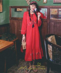 マキシ | ロングワンピース 長袖 花柄 フレア エスニック風 民族風 レトロ調 刺繍 綿麻 リゾート 旅行 レジャー お出かけ 外出 華奢魅せ 着痩せ 女子会 Vネック 同窓会