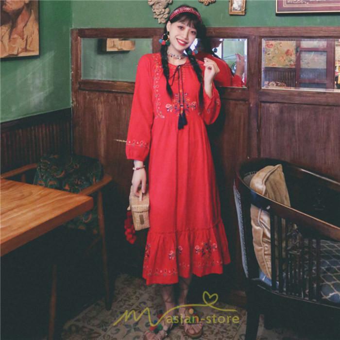 マキシ | ロングワンピース 長袖 花柄 フレア エスニック風 民族風 レトロ調 刺繍 綿麻 リゾート 旅行 レジャー お出かけ 外出 華奢魅せ 着痩せ 女子会 Vネック 同窓会