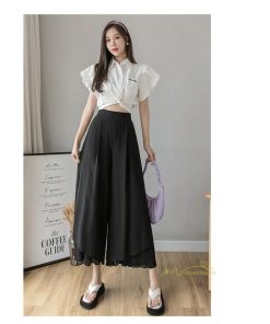 ワイドパンツ | シフォンパンツ レディース きれいめ ハイウエスト ガウチョパンツ ボトムス ゆったり 体形カバー ロング丈 夏物 オフィス 通勤 女性らしい