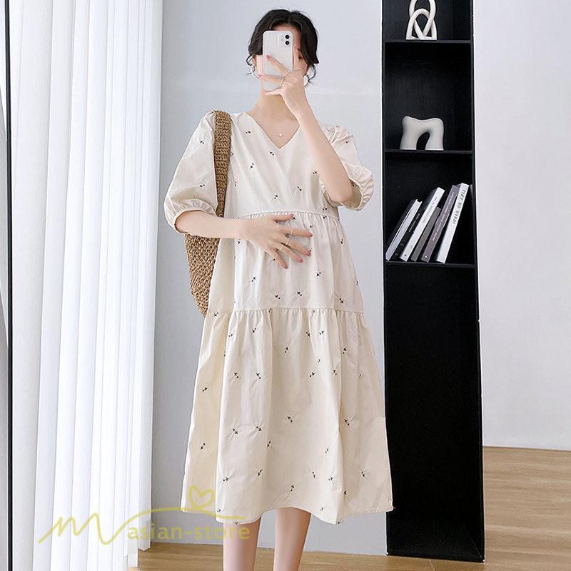 ワンピース | マタニティレディース 着痩せ 半袖 サマーマタニティウェア 上品 Aライン ゆる大きいサイズ お出かけ 韓国風 Vネック 妊婦服