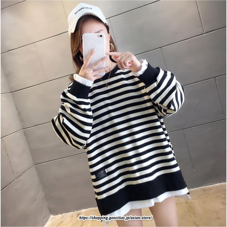 パーカー | 重ね着風トレーナー レディース 長袖 トップス カジュアル スウェット ボーダー柄 ゆったり トレーナー トップス 切り替え 可愛い きれいめ レイヤード風