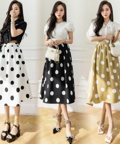 スカート | ロング丈フレアウエストゴム レディース 春夏 体型カバー ドット柄 フェミニン デイリー 通勤通学 着痩せ 着回し カジュアル お出かけ 20代30代40代