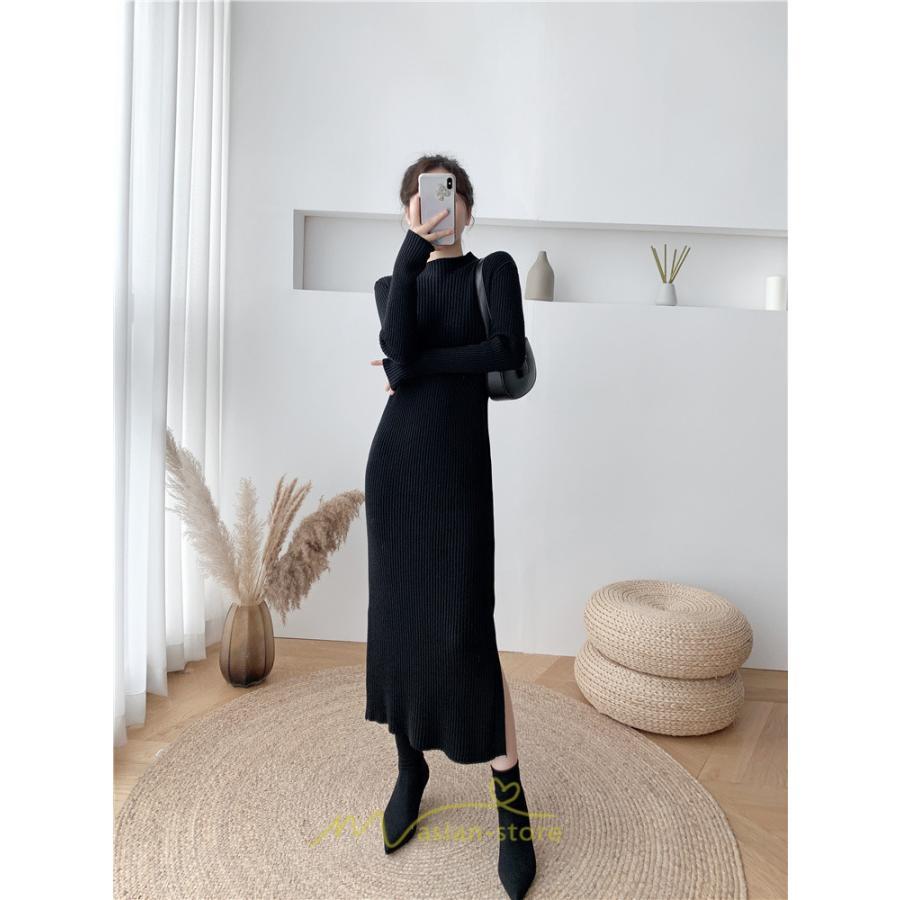 ニットワンピース | レディース 冬 きれいめ ロング おしゃれ 秋冬 長袖 ハイネック サイドスリット セクシー 同窓会 デート 大人フェミニン 女子会 韓国風