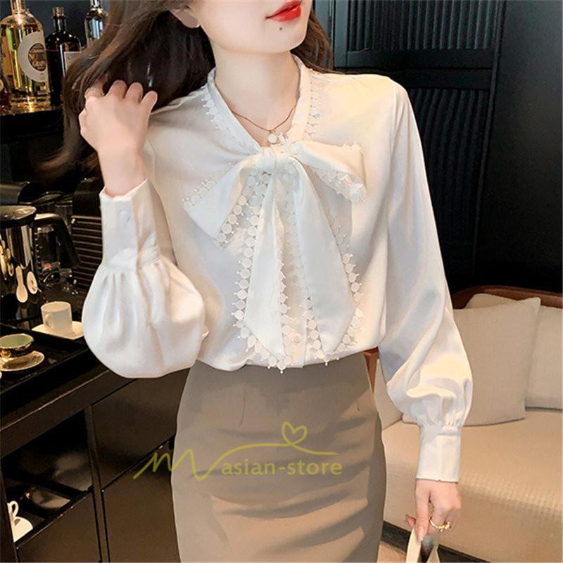 シャツ・ブラウス | ボウタイ リボン ブラウス シャツ リボンシャツ レディース 長袖 白 トップス 無地 大人 女性 ビジネス 入学式 卒業式 ママ 着回し 通勤 通学 カジュアル