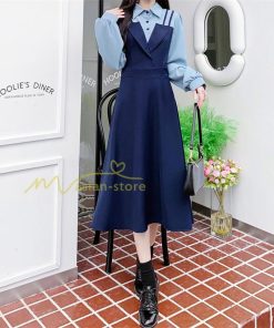 マキシ | ロングワンピース 秋物 レディース ミモレ丈 Aラインワンピース 切り替え フェイク レイヤード風 重ね着風 シャツカラー お呼ばれワンピース 30代40代 着やせ