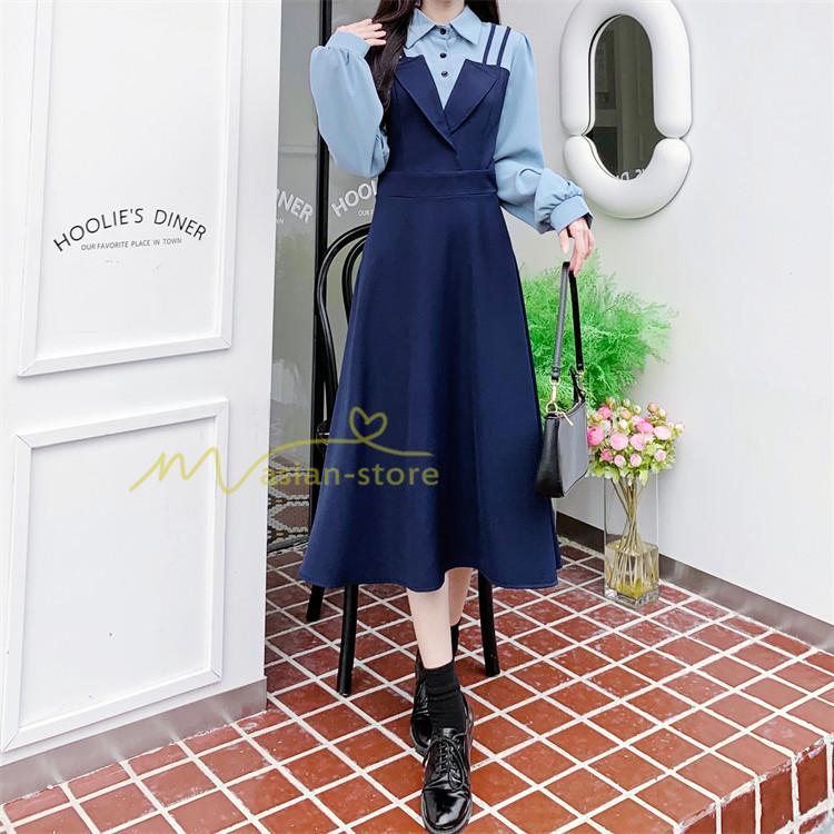 マキシ | ロングワンピース 秋物 レディース ミモレ丈 Aラインワンピース 切り替え フェイク レイヤード風 重ね着風 シャツカラー お呼ばれワンピース 30代40代 着やせ