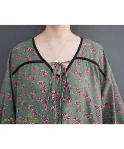 マキシ | ワンピース レディース Vネック 7分袖 秋 ロングワンピース フリーサイズ 花柄 40代 50代 大人 レトロ風 ゆるワンピース カジュアル 秋コーデ 30代 大人 20代