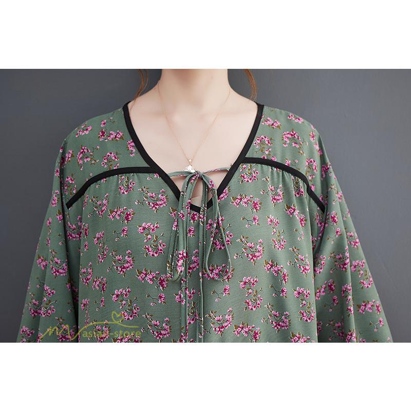 マキシ | ワンピース レディース Vネック 7分袖 秋 ロングワンピース フリーサイズ 花柄 40代 50代 大人 レトロ風 ゆるワンピース カジュアル 秋コーデ 30代 大人 20代