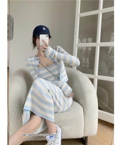 カーディガン | ニットワンピース リブニット トップス キャミワンピース ボーダー ニット 長袖 タイト ニットワンピース スリム セクシー 20代