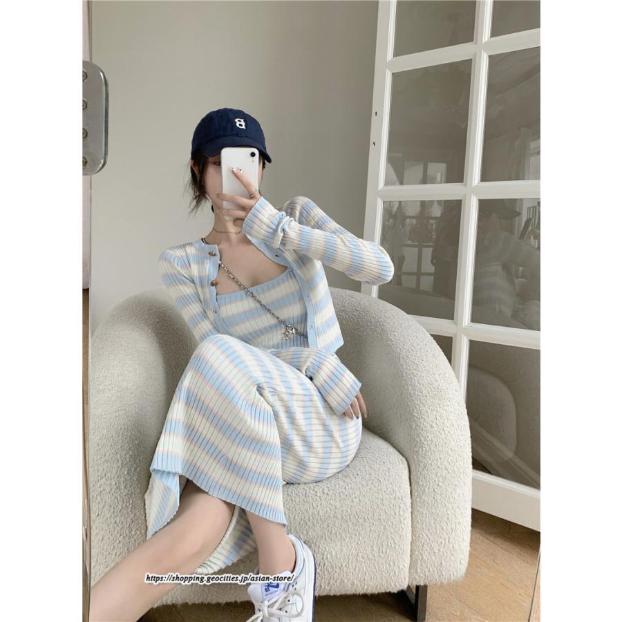 カーディガン | ニットワンピース リブニット トップス キャミワンピース ボーダー ニット 長袖 タイト ニットワンピース スリム セクシー 20代
