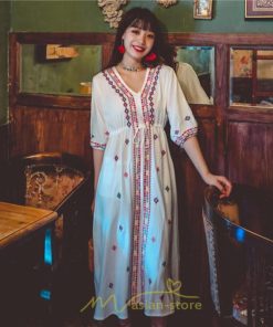 マキシ | ワンピース レディース コットン リゾート かわいい 五分袖 Ｖネック 花柄 上品 ロング丈 ファッション エスニック風 体型カバー お呼ばれ 二次会 民族風 披露宴