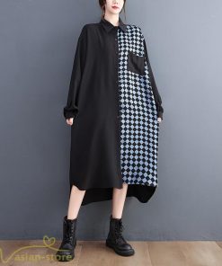 シャツワンピース | ワンピース 長袖 秋 新作 チェック柄 ゆったり 切り替え フリーサイズ ウエストリボン 体型カバー シンプル 大人 バルーンスリーブ 前開き