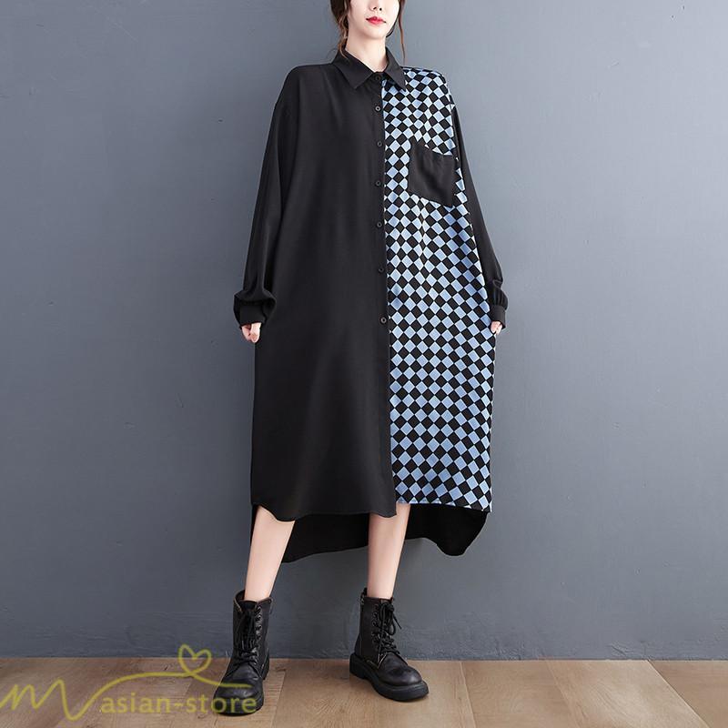 シャツワンピース | ワンピース 長袖 秋 新作 チェック柄 ゆったり 切り替え フリーサイズ ウエストリボン 体型カバー シンプル 大人 バルーンスリーブ 前開き