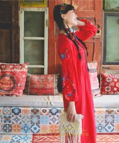 マキシ | ワンピース 夏秋 長袖 レディース ワンピ ロング 美シルエット ロングワンピ―ス 大人 花柄 刺繍 エスニック風 リゾート 綿麻 お出かけ リネン コットン 旅行