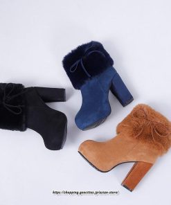 ブーツ | ショートレディース ハイヒール 10cmヒール 厚底 冬用 保温防寒 スエード調 ファー 靴 冬靴 太めヒール シューズ サイドジッパー 痛くない