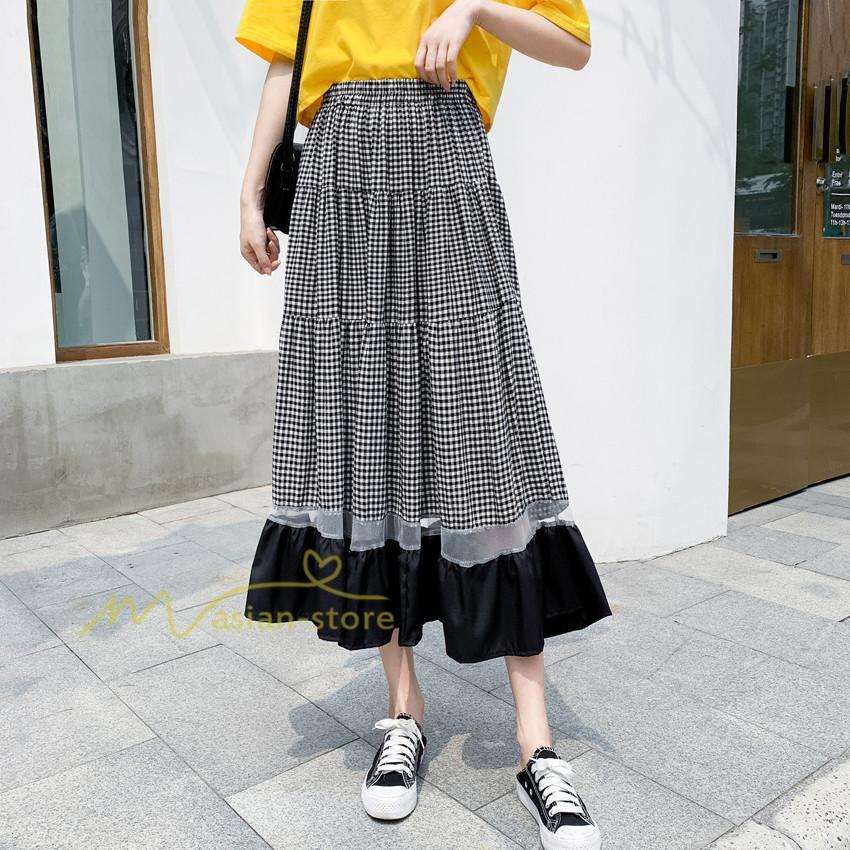 スカート | フレア ロング春物 レディース 春夏 チェック柄 ドッキング リゾート 体型カバー お出かけ 20代30代40代50代 着痩せ 通勤通学 カジュアル