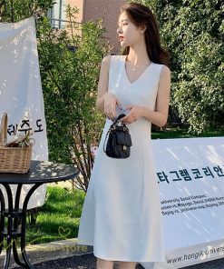 ミディアム | ワンピース レディース ノースリーブ 着痩せ 春 夏 新作 無地 きれいめ サマーワンピース 20代 30代 40代 Vネック エレガント 韓国風 上品 通学 通勤 大人