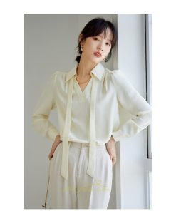 シャツ・ブラウス | ブラウス レディース シャツ トップス Vネック 長袖シャツ 無地 オフィス カジュアル おしゃれ シフォン 着痩せ OL リボン 通勤 20代30代40代50代