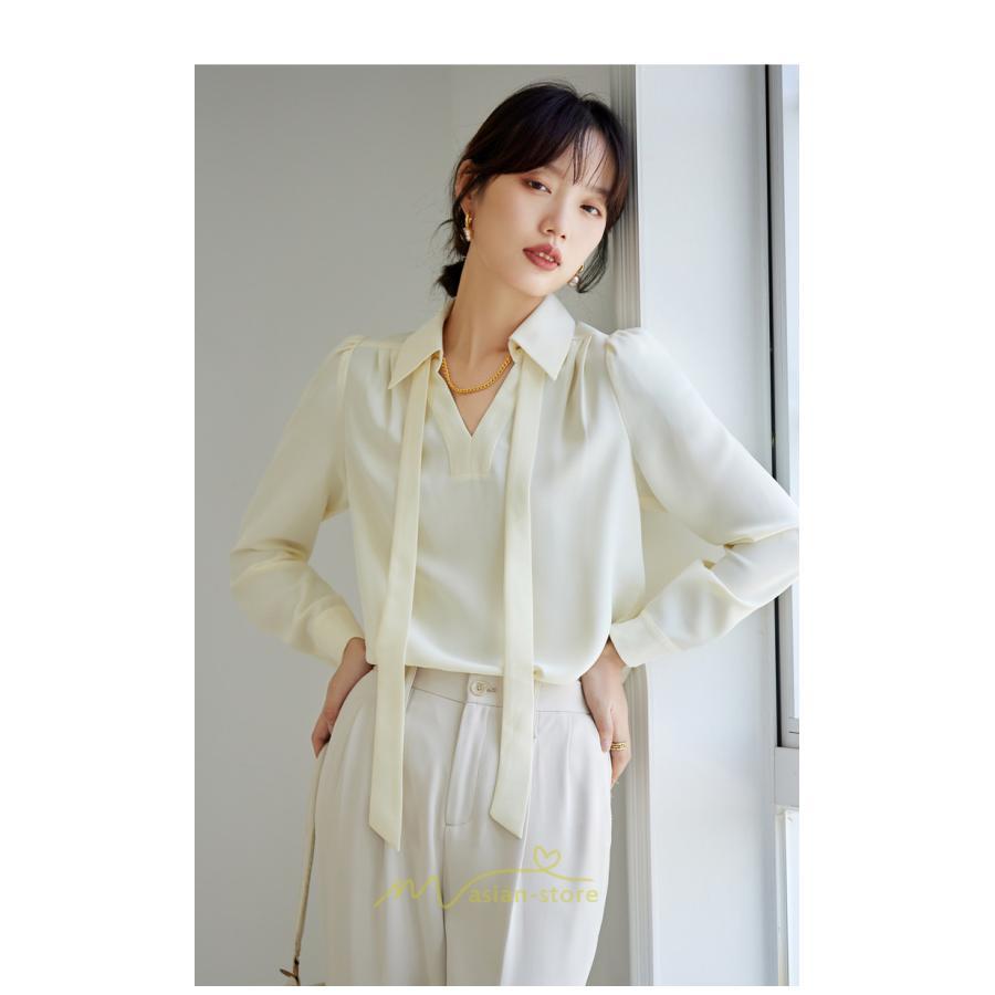 シャツ・ブラウス | ブラウス レディース シャツ トップス Vネック 長袖シャツ 無地 オフィス カジュアル おしゃれ シフォン 着痩せ OL リボン 通勤 20代30代40代50代