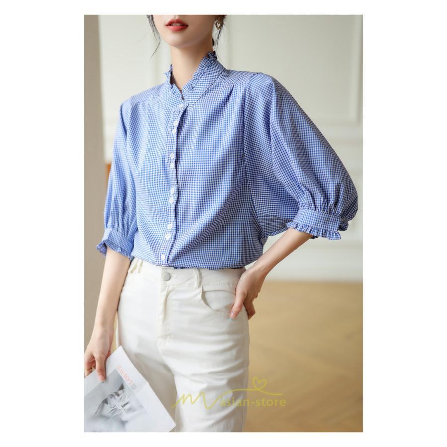 シャツ・ブラウス | ブラウス コットン 七分袖 レディース 青 入学式 入園式 卒業式 卒園式 フォーマル 結婚式 ママ 着痩せ 華奢見え OL お仕事 20代30代40代 通勤 新作 ビジネス