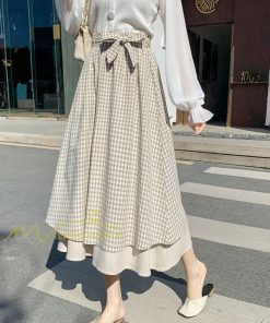 スカート | フレアロングレデイース リネンウエストゴム 綿麻混 マキシマキシ リゾート チェック柄 体型カバー