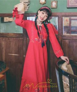 マキシ | ロングワンピース 長袖 花柄 フレア エスニック風 民族風 レトロ調 刺繍 綿麻 リゾート 旅行 レジャー お出かけ 外出 華奢魅せ 着痩せ 女子会 Vネック 同窓会