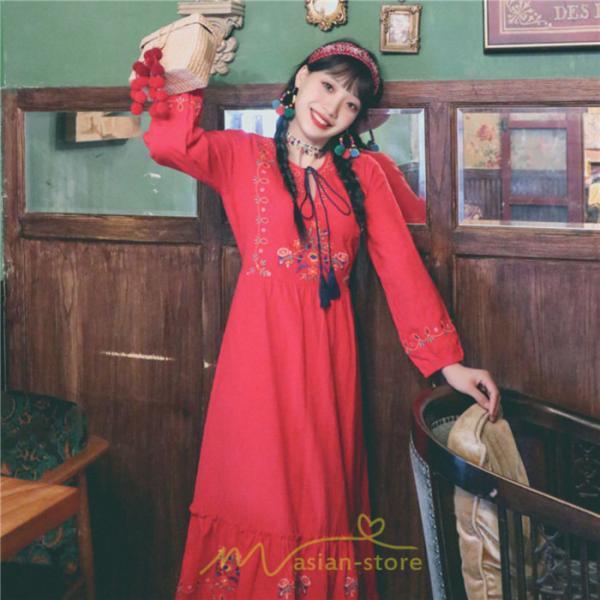 マキシ | ロングワンピース 長袖 花柄 フレア エスニック風 民族風 レトロ調 刺繍 綿麻 リゾート 旅行 レジャー お出かけ 外出 華奢魅せ 着痩せ 女子会 Vネック 同窓会