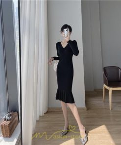 ニットワンピース | ニット ワンピース ロング Vネック ニットワンピ 長袖 ブラック 2022秋冬 ブルー マーメイド フリル セクシー 通勤 おしゃれ キレイめ ミモレ丈 上品