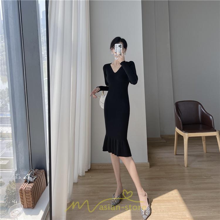 ニットワンピース | ニット ワンピース ロング Vネック ニットワンピ 長袖 ブラック 2022秋冬 ブルー マーメイド フリル セクシー 通勤 おしゃれ キレイめ ミモレ丈 上品