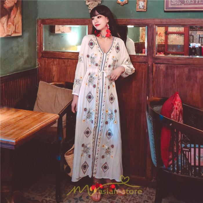 マキシ | ワンピース 長袖 レディース ロング丈 マキシ丈 綿麻 コットン リネン Aライン ゆったり 体型カバー 大人 可愛い 海外旅行 秋 夏 エスニック ナチュラル 春