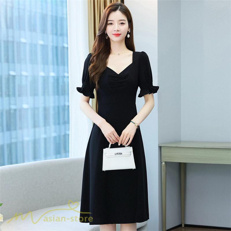 ミディアム | ワンピース レディース 着痩せ 半袖 Vネック カジュアル Aライン おしゃれ ミディアムワンピース エレガント 大きいサイズ 黒 夏 サマーワンピース 夏服 新作