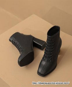 ショートブーツ | レディース 春秋ブーツ スクエアトゥ ブーツ チャンキーヒール 太ヒール 後ろファスナー 靴 シューズ 通学通勤 ミドルヒール 黒ブーツ 大人