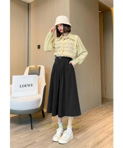 スカート | コーデュロイ台形秋冬 Aライン バッグゴム サイドポケット リブ 広い裾幅 通学通勤 オフィス ミモレ丈 可愛い ロング丈 低身長