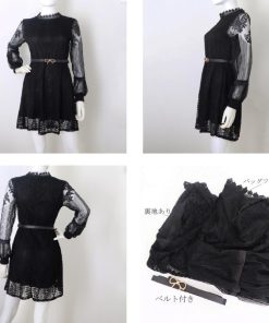 ワンピース | 総レース パーティードレス スカラップ ベルト付き パフスリーブ フレアワンピ 披露宴 レディース 透け感