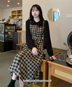 マキシ | ワンピース レディース 大きいサイズ チェック柄 リボン フレア 切り替え 重ね着風 レイヤード風 秋コーデ 秋 可愛い 若見え 冬 オシャレ 着痩せ