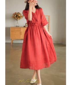 ミディアム | ワンピース レディース 夏新作 半袖 五分袖 ミモレ丈 刺繍 無地 Aラインワンピース ギャザー ゆったり Vネック ウエストリボン付き 調整可 40代 綿麻 30代