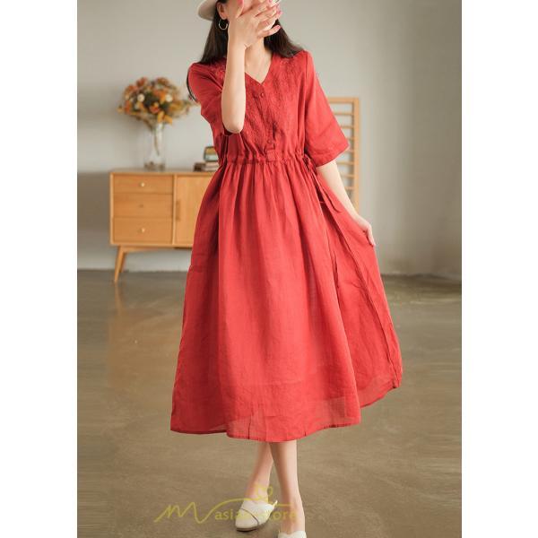 ミディアム | ワンピース レディース 夏新作 半袖 五分袖 ミモレ丈 刺繍 無地 Aラインワンピース ギャザー ゆったり Vネック ウエストリボン付き 調整可 40代 綿麻 30代